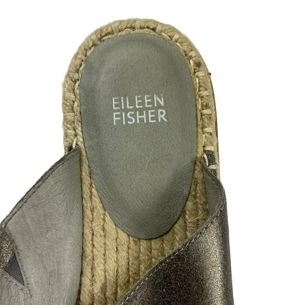 Eileen Fisher Metallic Pewter Milly Mule Espadrille Leather‎ Open Toe Sandals 10